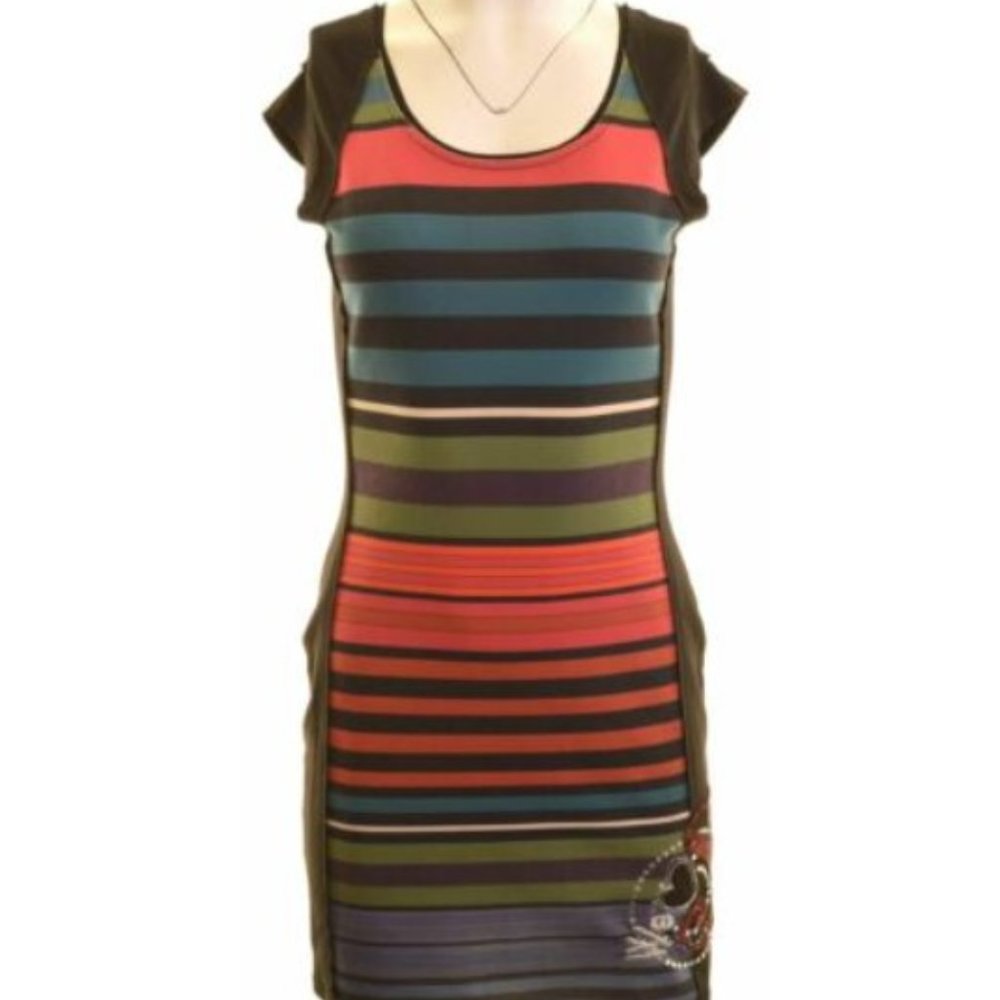 EUC Desigual Women’s Bodycon Dress Cap Sleeve Striped Embroidered Black, US 8